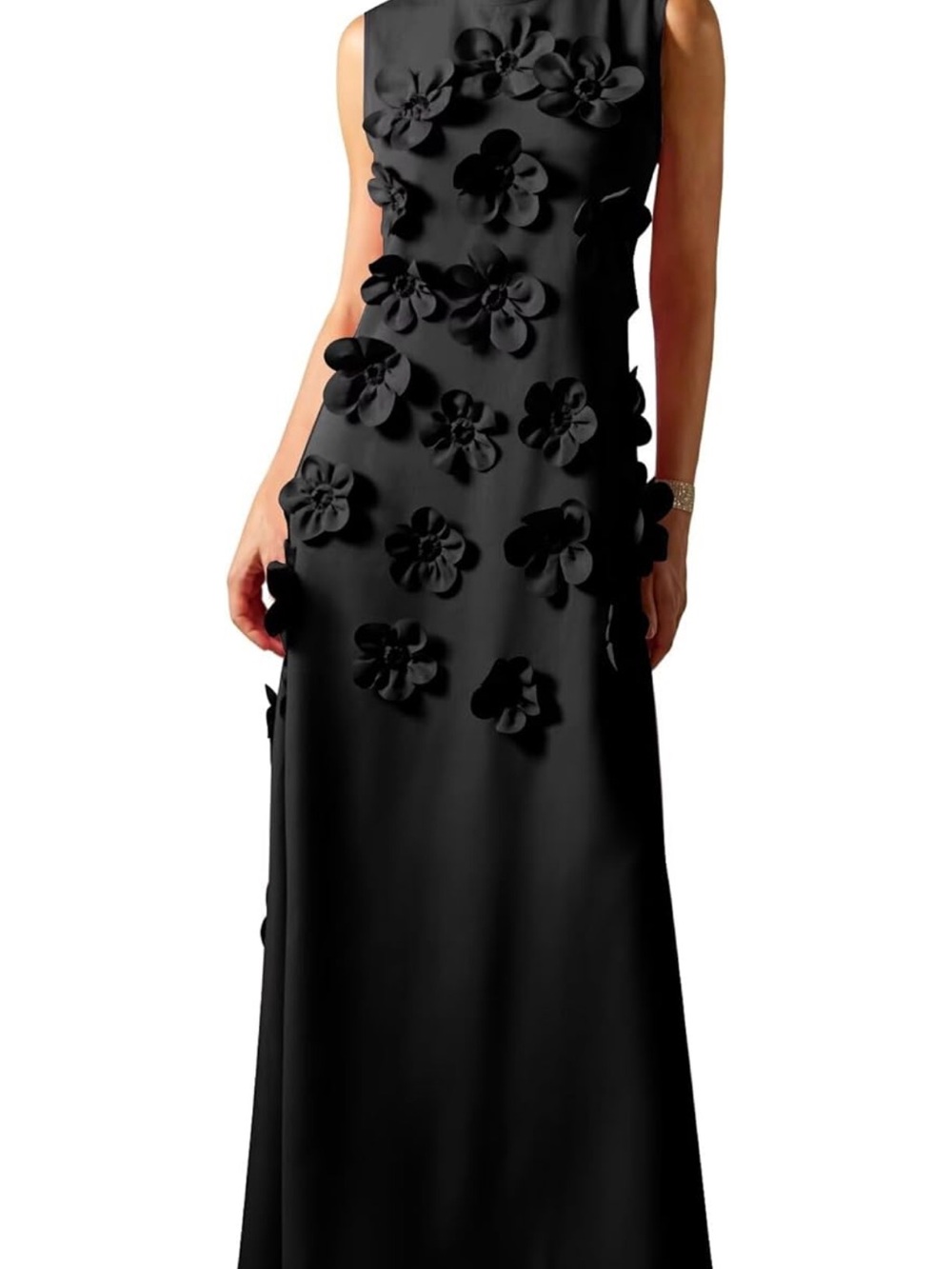 Elegant Black Floral Appliqué Evening Gown - Women's Dress